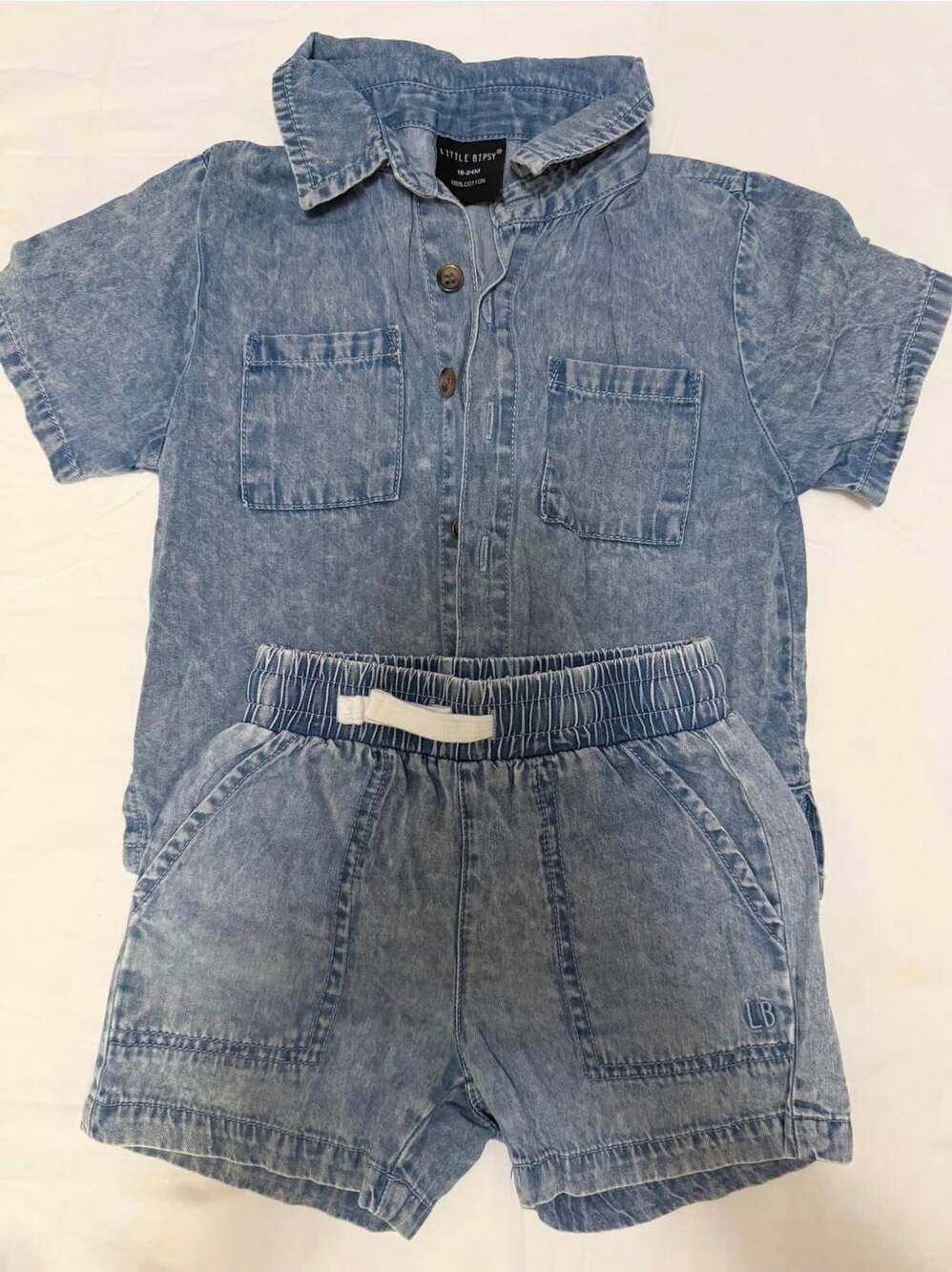 Little Bipsy Denim style Button-Down Shirt and Shorts Set